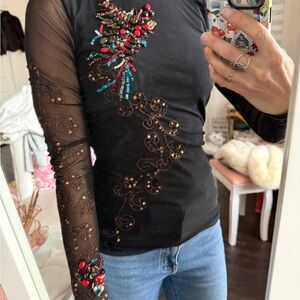 Y2K Cache Sheer Mesh Top w/ INSANE Beaded Embellishment ✨ Statement Piece